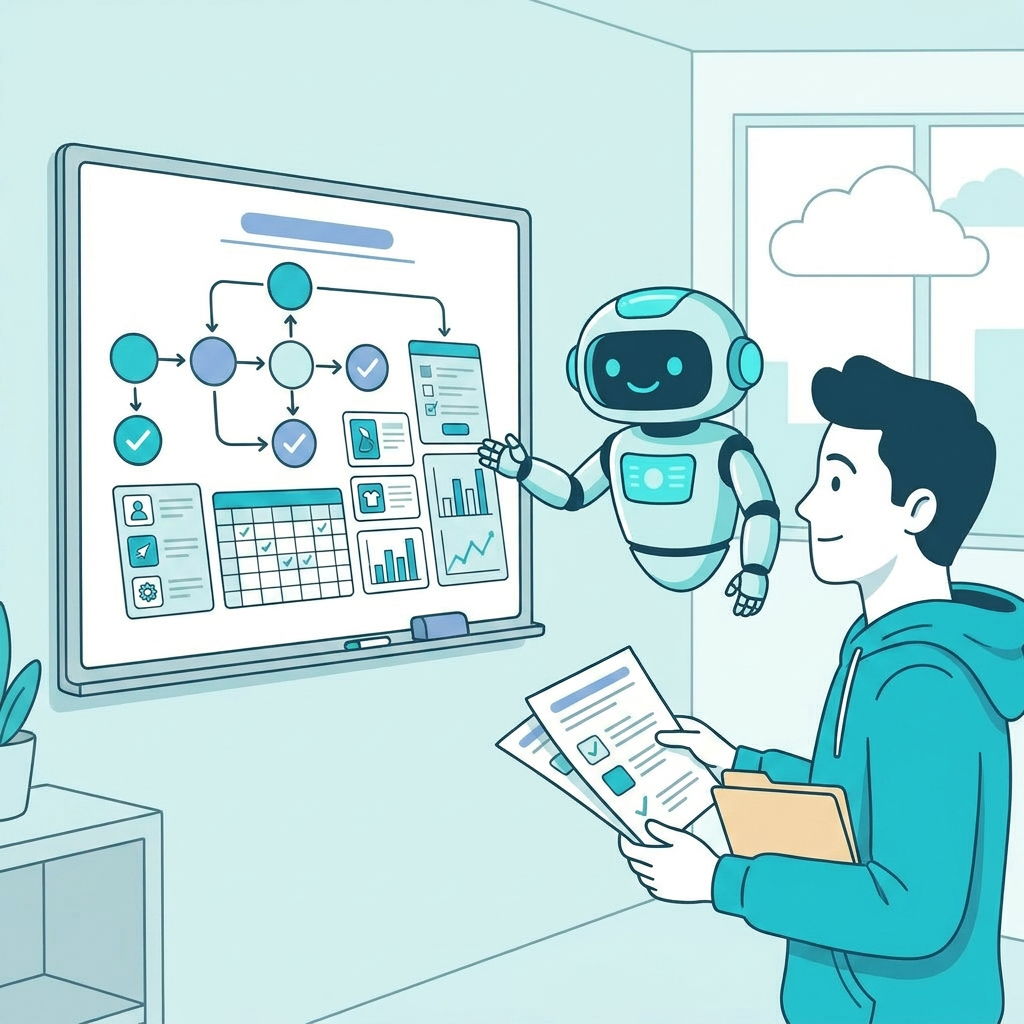 Business owner and robot assistant reviewing a workflow