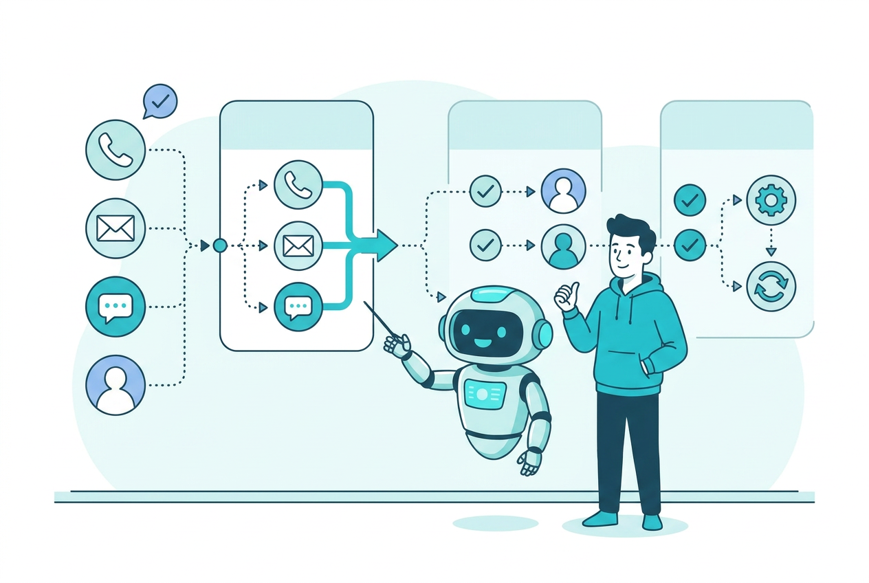 Robot assistant helping organize customer calls and communication workflows