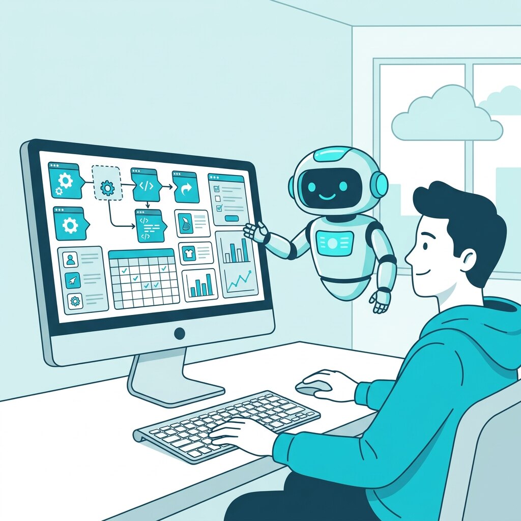 Business owner and robot assistant reviewing automation dashboard