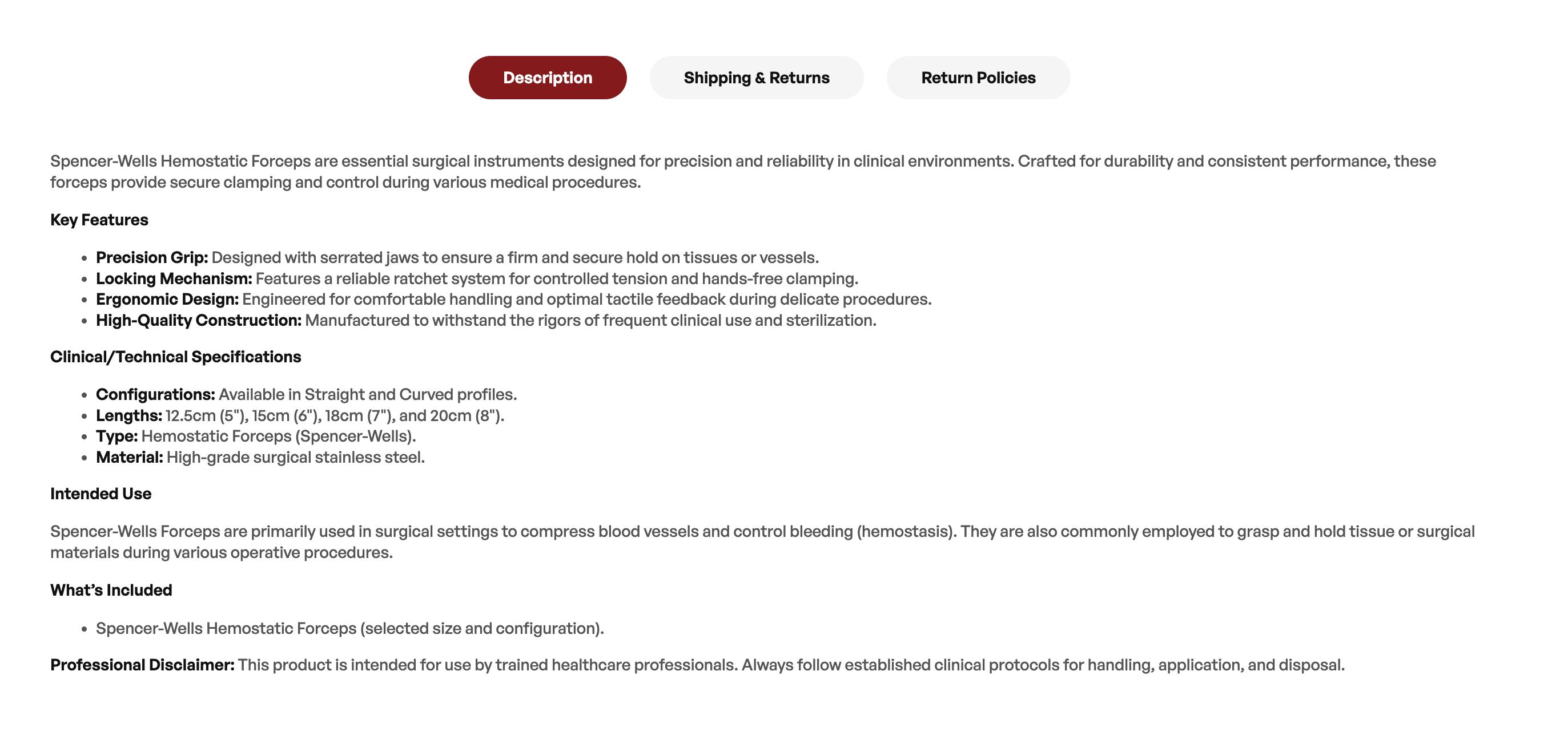 Shopify product description screenshot showing formatted description, key features, specifications, intended use, and included items