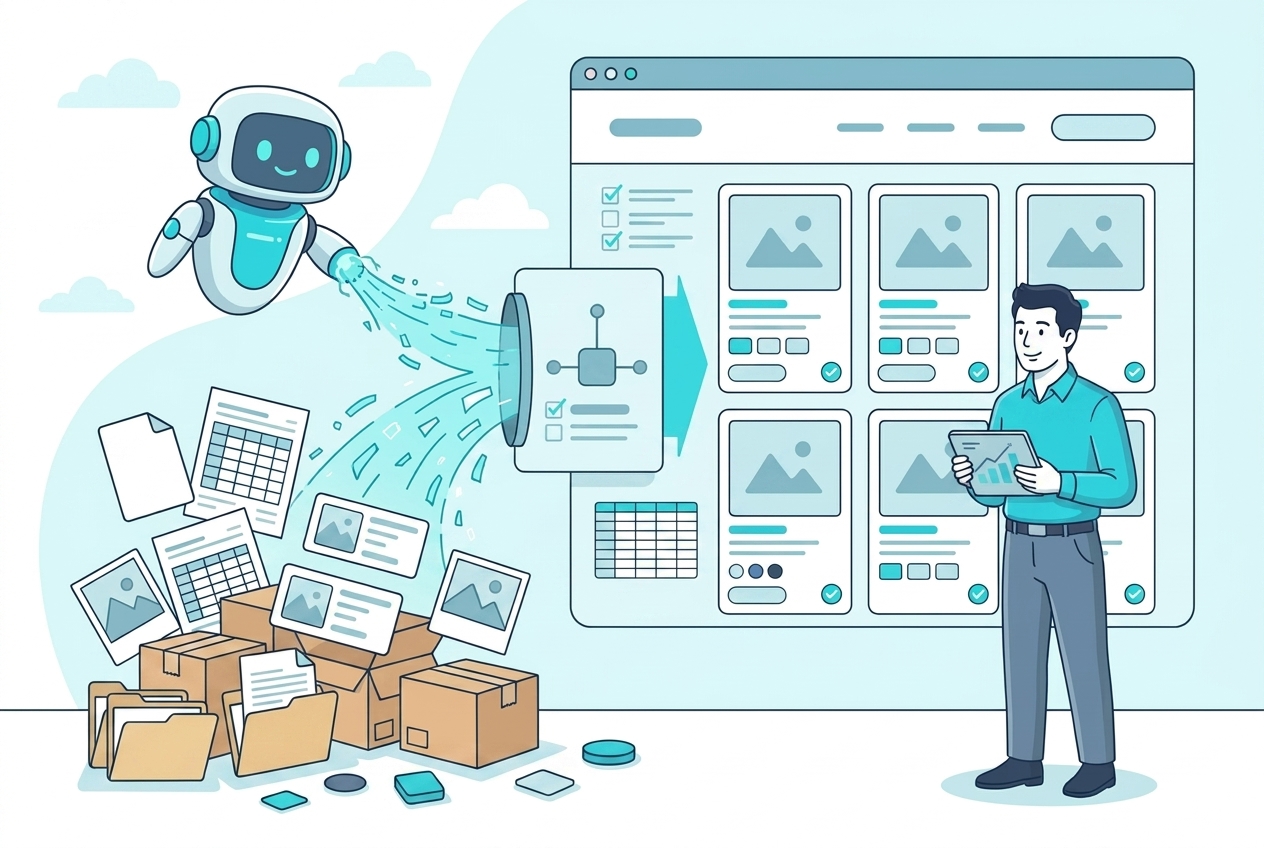 Robot and human turning messy supplier files into structured ecommerce product data